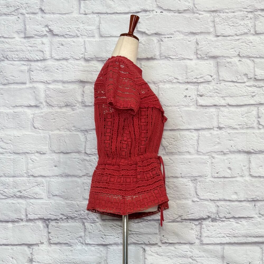 Carolina K Berenice Coral Red Cotton Crochet Peplum Top - Picture 3 of 9